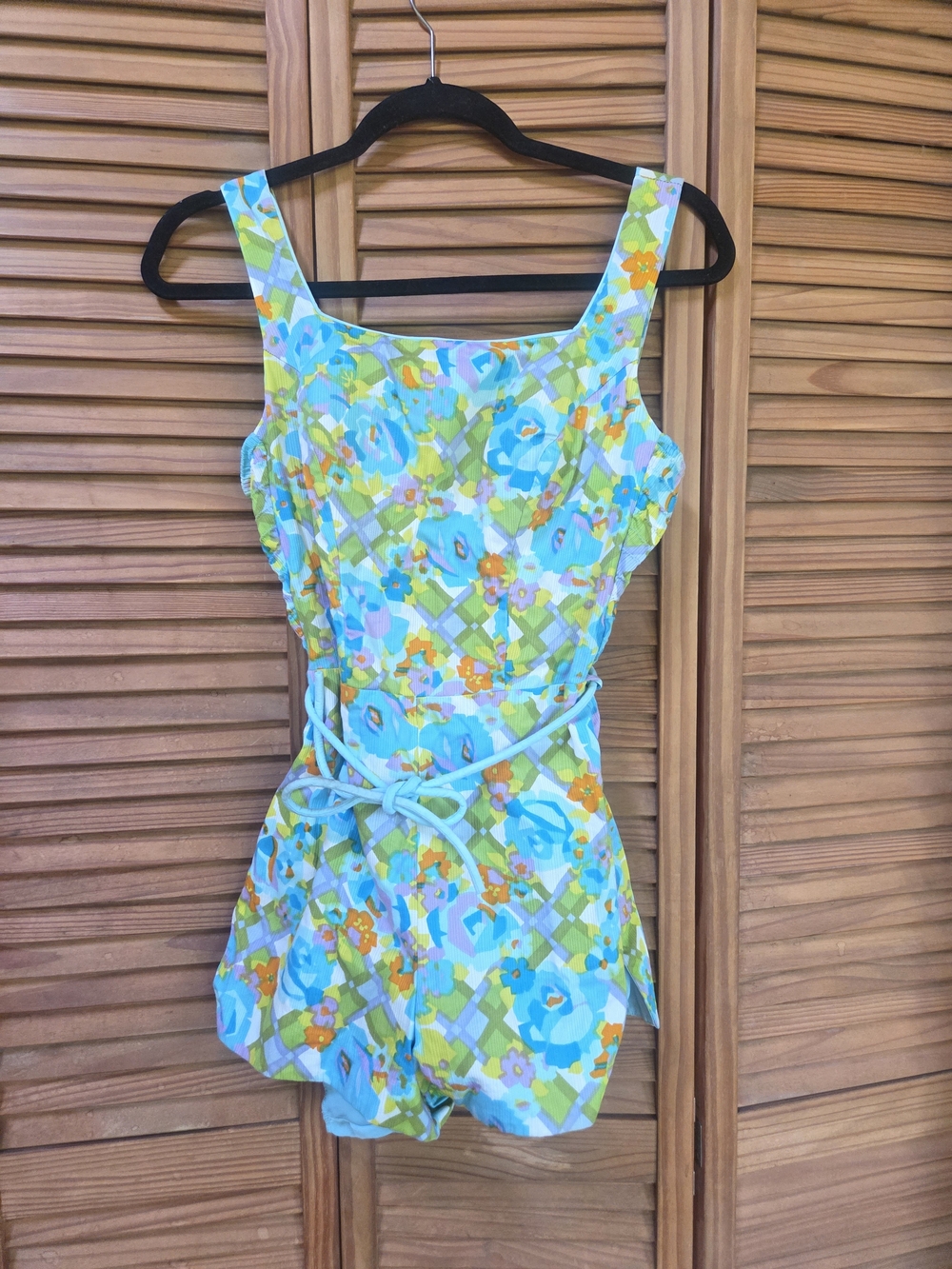 Vintage Floral Plaid Sleeveless Romper in Aqua, Lime & Orange